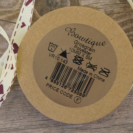 Лента репсовая на картонной мини-катушке "Сердечки и поцелуи". Арт VR10.143