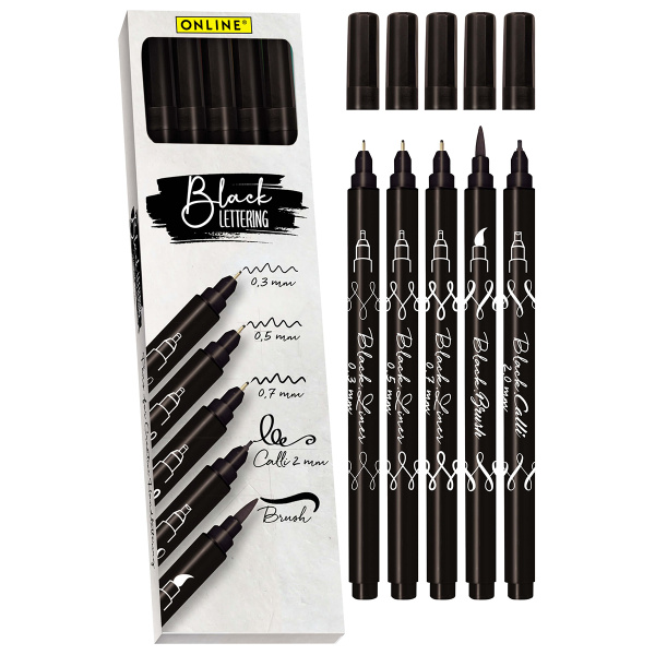 Набор лайнеров "Black Lettering" для скетчинга, цвет черный, 5 шт. разных размеров . Арт 19114