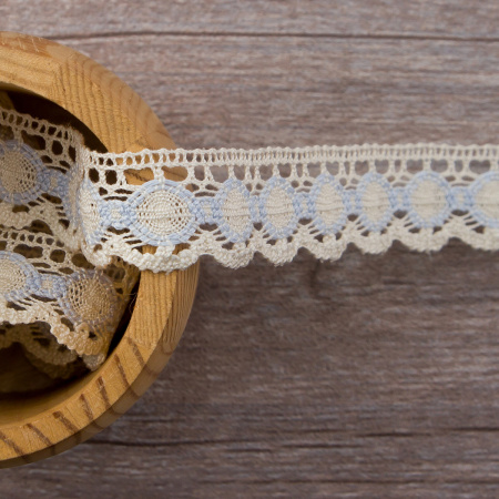 Мерсеризованное хлопковое кружево, 23 мм, цвет бежевый/сиреневый. Арт 3679/98