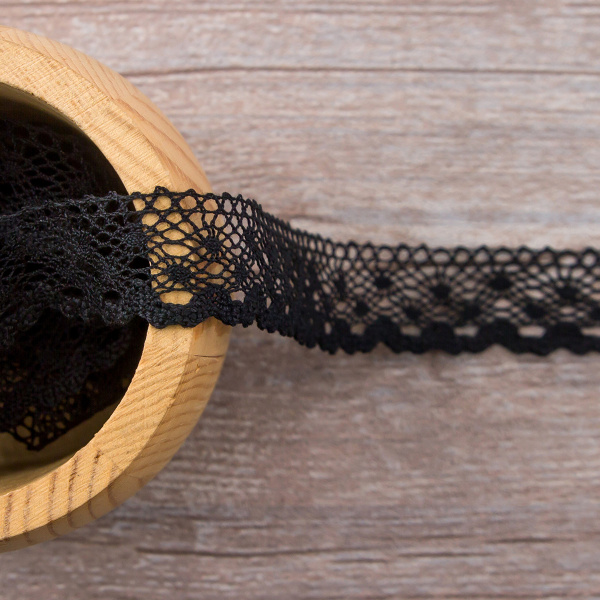 Мерсеризованное хлопковое кружево, 20 мм, цвет черный. Арт 2019/14