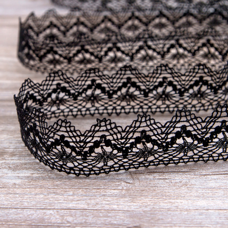 Мерсеризованное хлопковое кружево, 35 мм, цвет черный. Арт 3201/14                 