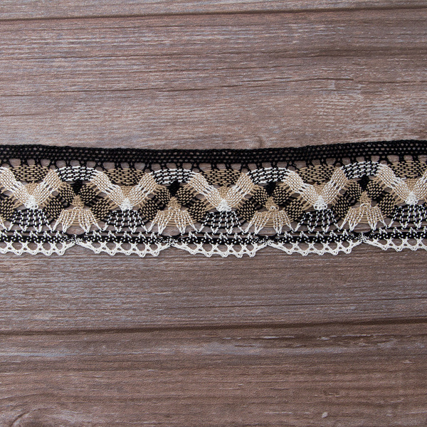 Мерсеризованное хлопковое кружево, 55 мм, цвет белый/бежевый/черный. Арт 1854/D6