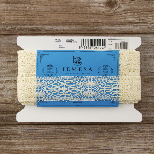 Мерсеризованное хлопковое кружево, 50 мм, цвет экрю. Арт 2219/02