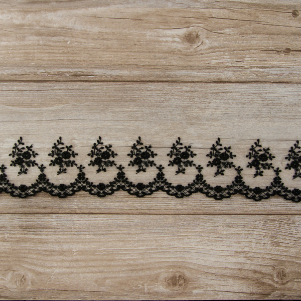 Вышивка на тюле, 136 мм, цвет черный. Арт I672/14