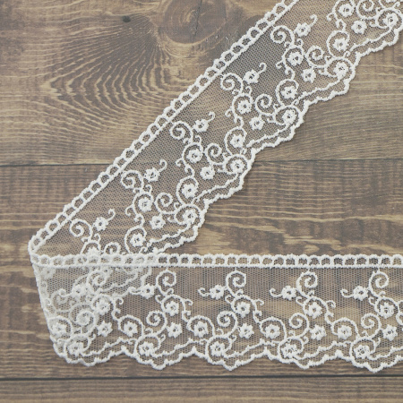 Кружево-вышивка на тюле, 42 мм, цвет белый, 100% полиэстер, 3,5 м. Арт T-2443.212