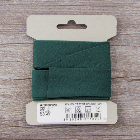 Косая бейка хлопок/полиэстер на блистере, 30 мм, 2,5 м, цвет 43, темно-зеленый. Арт P06120-30мм-43          