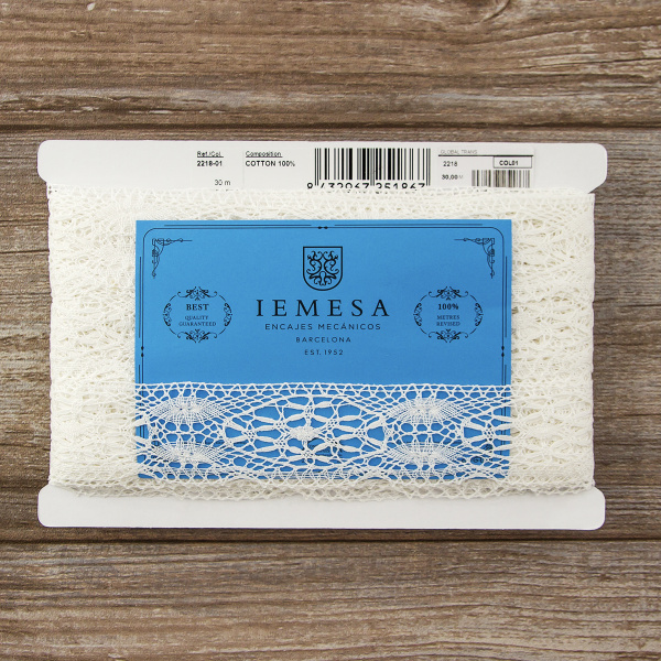 Мерсеризованное хлопковое кружево, 50 мм, цвет белый. Арт 2218/01