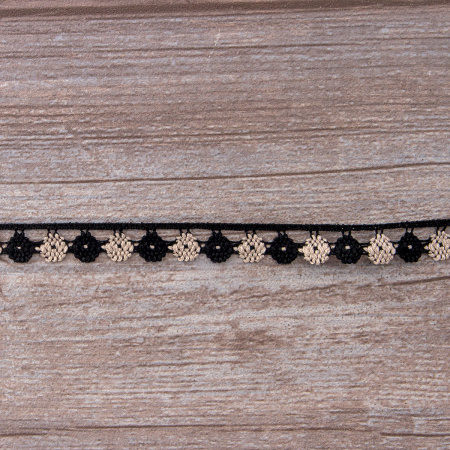 Мерсеризованное хлопковое кружево, 13 мм, цвет черный с бежевым. Арт 3615/Q7