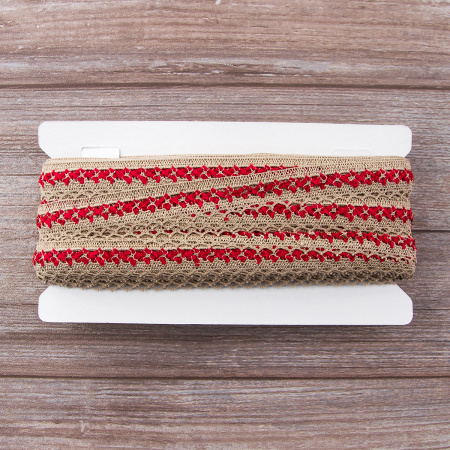 Мерсеризованное хлопковое кружево, 20 мм, цвет бежево-серый/бордовый. Арт 1889/X6