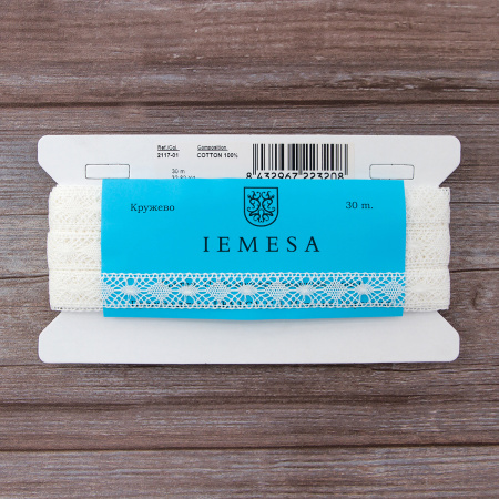 Мерсеризованное хлопковое кружево, 19 мм, белый. Арт 2117/01