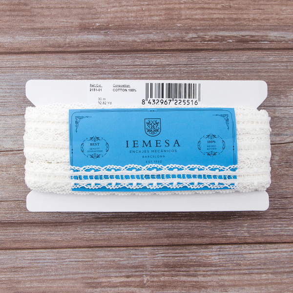 Мерсеризованное хлопковое кружево, 22 мм, белый. Арт 2151/01