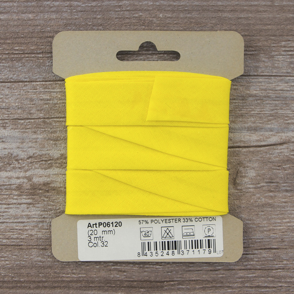 Косая бейка хлопок/полиэстер на блистере, 20 мм, 3 м, цвет 32, желтый. Арт P06120-20мм-32          
