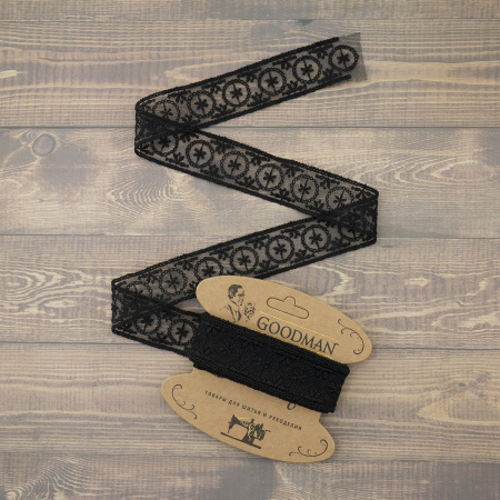 Кружево-вышивка на тюле, 33 мм, цвет черный, 100% полиэстер, 3,5 м. Арт T-2005.13