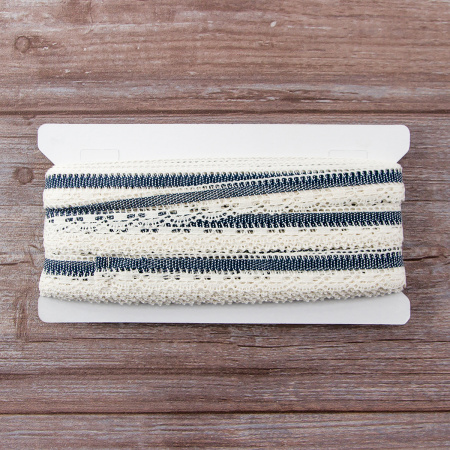 Мерсеризованное хлопковое кружево, 22 мм, цвет сливочный с синим. Арт 1745/F9