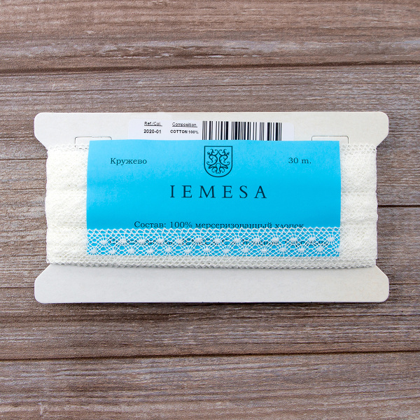 Мерсеризованное хлопковое кружево, 20 мм, цвет белый. Арт 2020/01