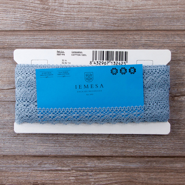 Мерсеризованное хлопковое кружево, 25 мм, цвет темно-голубой. Арт 3207/F4                 