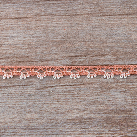 Мерсеризованное хлопковое кружево, 10 мм, цвет пыльно-розовый с белым. Арт 3480/H3                 