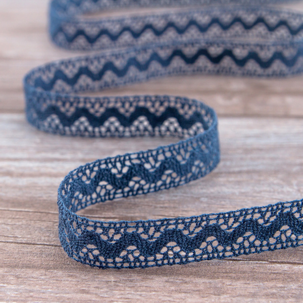 Мерсеризованное хлопковое кружево, 16 мм, цвет джинсово-синий. Арт 2066/89