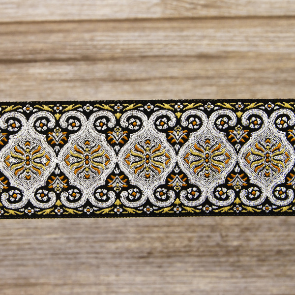 Лента жаккард с люрексом SAFISA, 50 мм, 15 м, цвет 102, черный/серебряный. Арт 9214-50мм-102