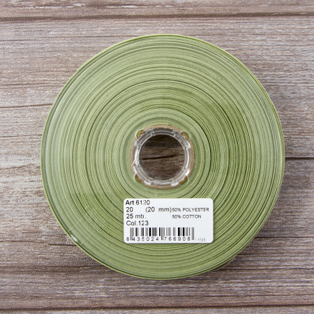 Косая бейка хлопок/полиэстер 20 мм, 25 м, цвет 123, светло-оливковый. Арт 6120-20мм-123           