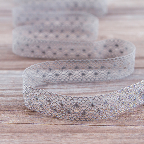 Мерсеризованное хлопковое кружево, 20 мм, цвет серый. Арт 2020/W3