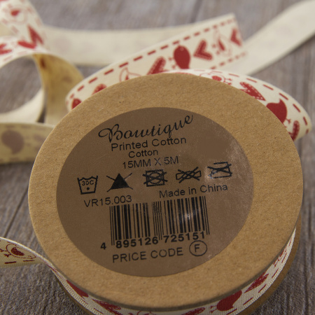 Лента хлопковая на картонной мини-катушке "Птички и подарки". Арт VR15.003