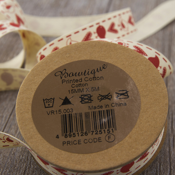 Лента хлопковая на картонной мини-катушке "Птички и подарки". Арт VR15.003