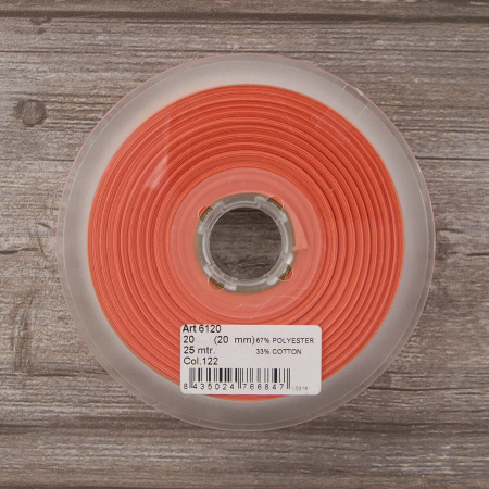 Косая бейка хлопок/полиэстер 20 мм, 25 м, цвет 122, кораловый темный. Арт 6120-20мм-122           