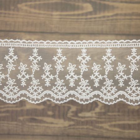 Кружево-вышивка на тюле, 70 мм, цвет белый, 100% полиэстер, 4,5 м. Арт T-3013.212