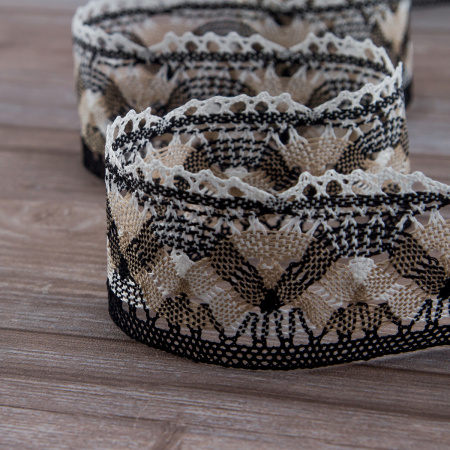 Мерсеризованное хлопковое кружево, 55 мм, цвет белый/бежевый/черный. Арт 1854/D6