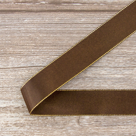 Лента атласная SAFISA с люрексным кантом по краям, 25 мм, 25 м, цвет 17, темно-коричневый. Арт 25190-25мм-17