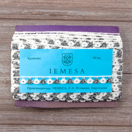 Мерсеризованное хлопковое кружево, 13 мм, цвет белый с серым. Арт 3615/R7                 