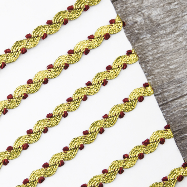 Тесьма PEGA тип вьюнчик люрекс, золото с бордо, 7 мм. Арт 841519821DA706