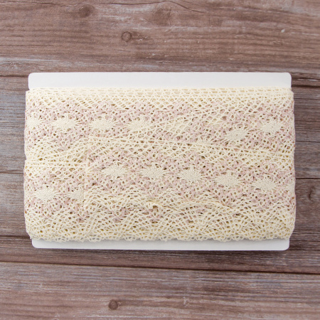 Мерсеризованное хлопковое кружево, 60 мм, цвет сливочный/светло-сиреневый. Арт 1424/X3