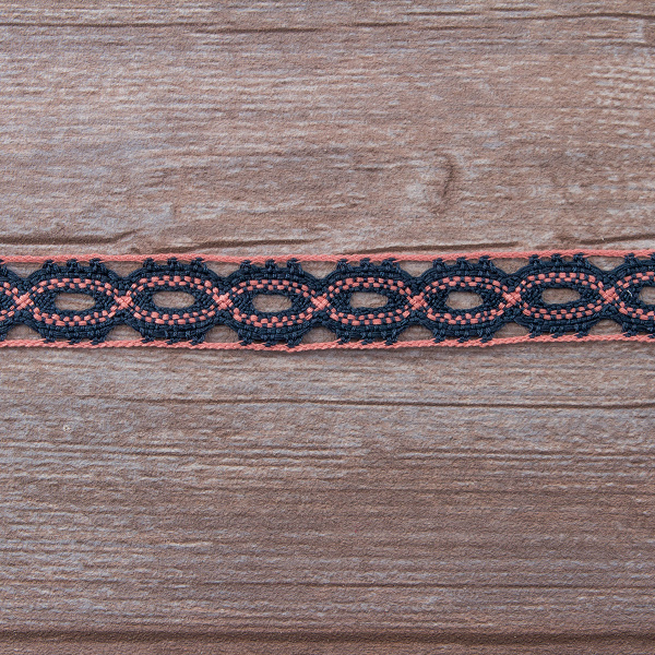 Мерсеризованное хлопковое кружево, 20 мм, цвет морской волны с пыльно-розовым. Арт 1826/R6                 