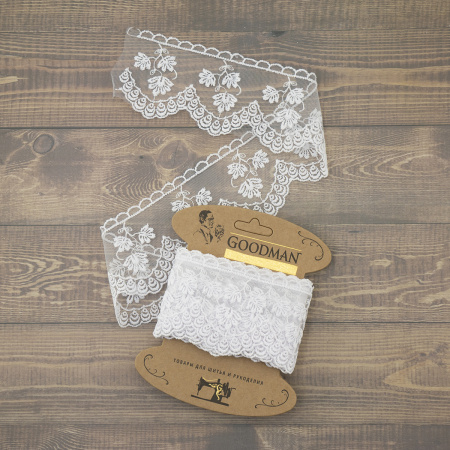 Кружево-вышивка на тюле, 70 мм, цвет белый, 100% полиэстер, 3,5 м. Арт WT-1915.212