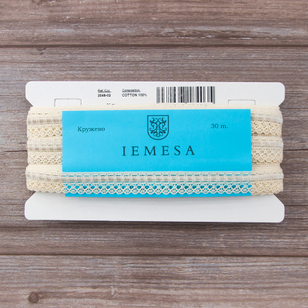 Мерсеризованное хлопковое кружево с бархатной лентой, 17 мм, цвет сливочный. Арт 2048/02