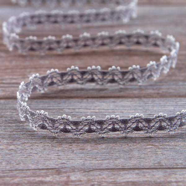 Мерсеризованное хлопковое кружево, 11 мм, цвет светло-серый с белым. Арт 1084/H2