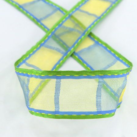 Лента органза с рисунком SAFISA, 38 мм, цвет зеленый/желтый. Арт 25238-38-03