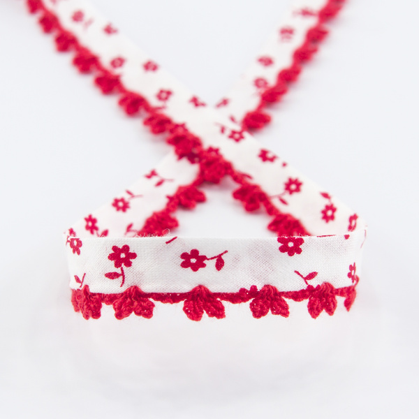 Косая бейка с фестонным краем, 14 мм, цвет белый с красным. Арт 244135/1