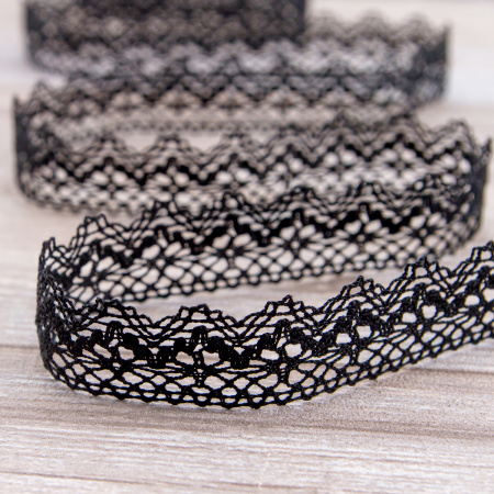 Мерсеризованное хлопковое кружево, 25 мм, цвет черный. Арт 3207/14                 
