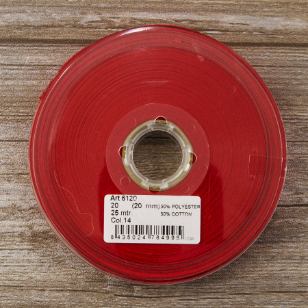 Косая бейка хлопок/полиэстер 20 мм, 25 м, цвет 14, красный. Арт 6120-20мм-14            
