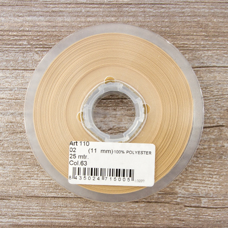 Лента атласная двусторонняя SAFISA, 11 мм, 25 м, цвет 63, бежевый. Арт 110-11мм-63             