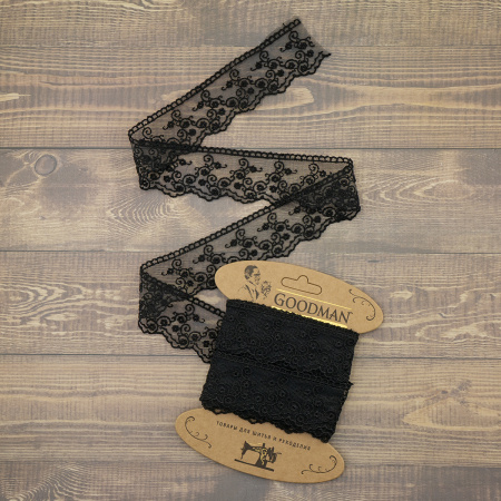 Кружево-вышивка на тюле, 42 мм, цвет черный, 100% полиэстер, 3,5 м. Арт T-2443.13