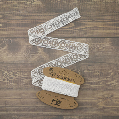 Кружево-вышивка на тюле, 33 мм, цвет белый, 100% полиэстер, 3,5 м. Арт T-2005.212