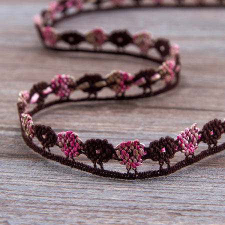 Мерсеризованное хлопковое кружево, 13 мм, цвет коричневый с розово-бежевым. Арт 3615/B5