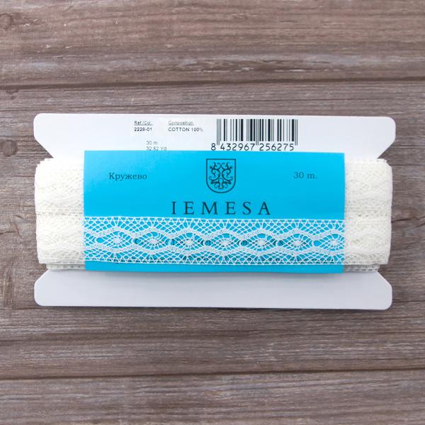 Мерсеризованное хлопковое кружево, 28 мм, цвет белый. Арт 2228/01