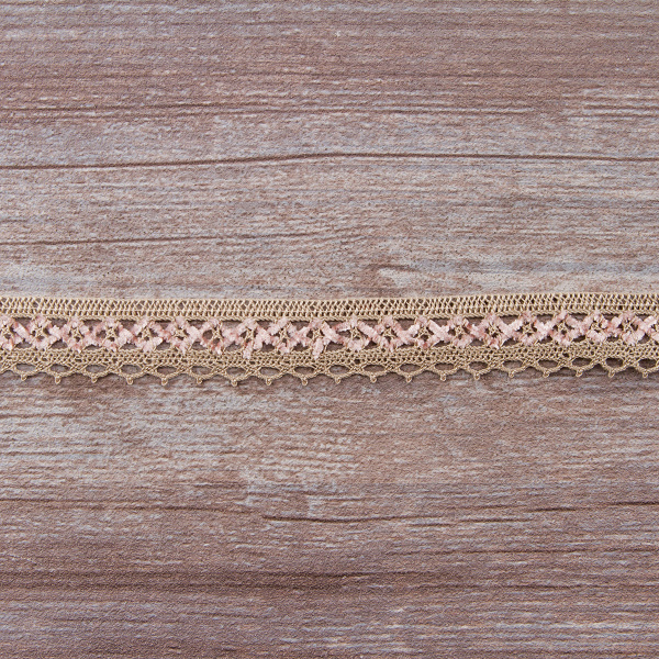 Мерсеризованное хлопковое кружево, 20 мм, цвет бежево-серый/розовый. Арт 1889/X5