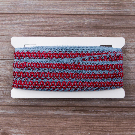 Мерсеризованное хлопковое кружево, 17 мм, цвет голубой с бордовым. Арт 1862/CG