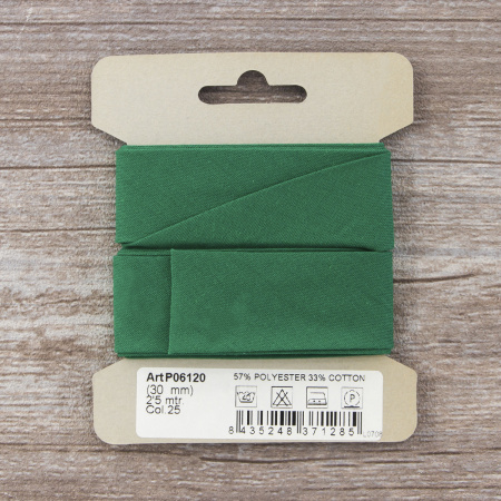 Косая бейка хлопок/полиэстер на блистере, 30 мм, 2,5 м, цвет 25, еловый. Арт P06120-30мм-25          